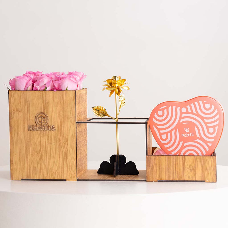 Patchi Chocolate Box with 9 Red Roses & Golden Flower