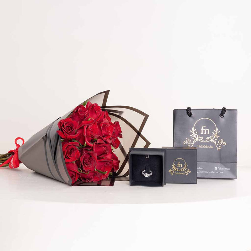 Felizmoda Braided Zircon Silver Ring & Red Roses Bouquet