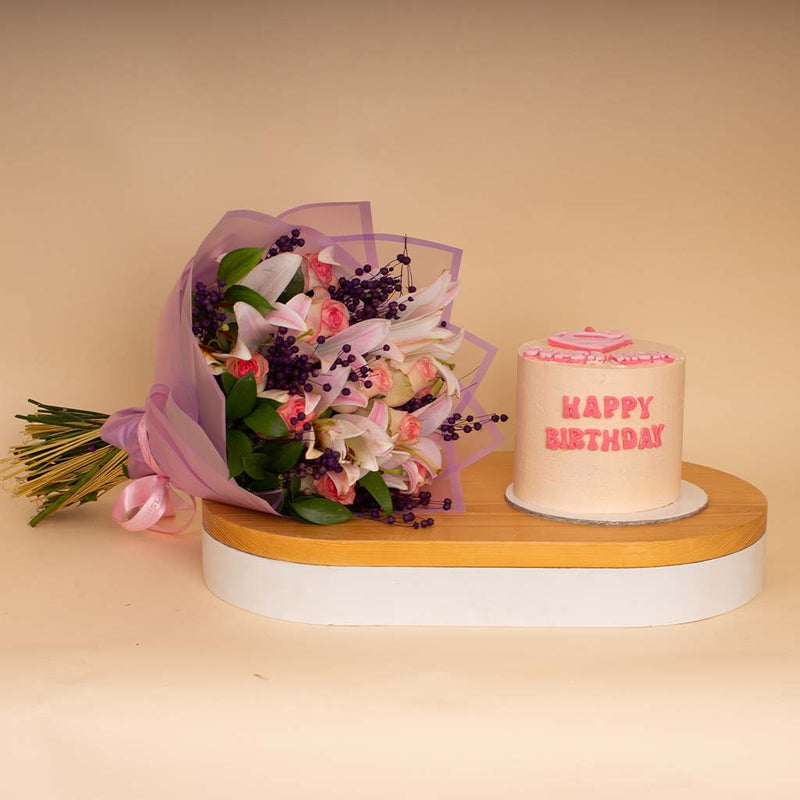 Ninos Super Mom Cake & Pink Roses & Lilies Bouquet