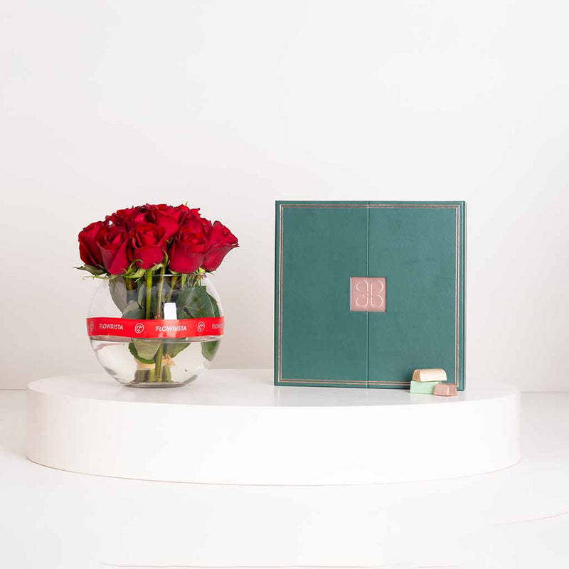 Patchi Les Signatures Prestige Box 940g & Red Roses Vase