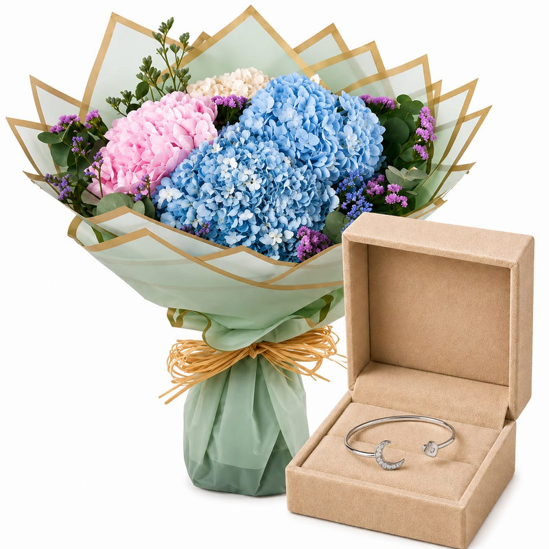Silvara Moon & Heart Bangle & Mixed Hydrangea Bouquet