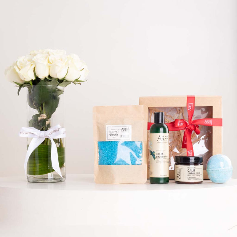 Areej Ultimate Relaxation Floral Gift Set & White Roses Vase