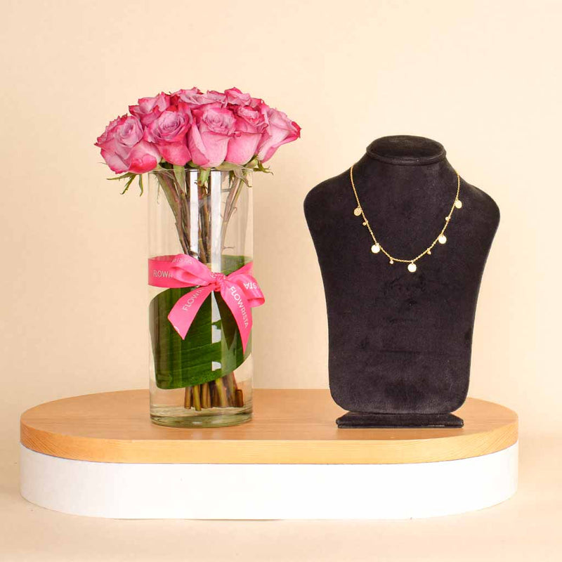 Felizmoda Multiple circles and crystals silver necklace gold plated | Purple Flower Vase