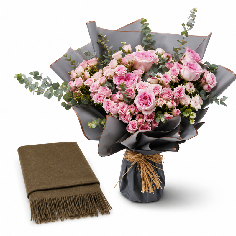 Mango Fringed Edge Scarf with Flowrista Exquisite Pink Roses Bouquet