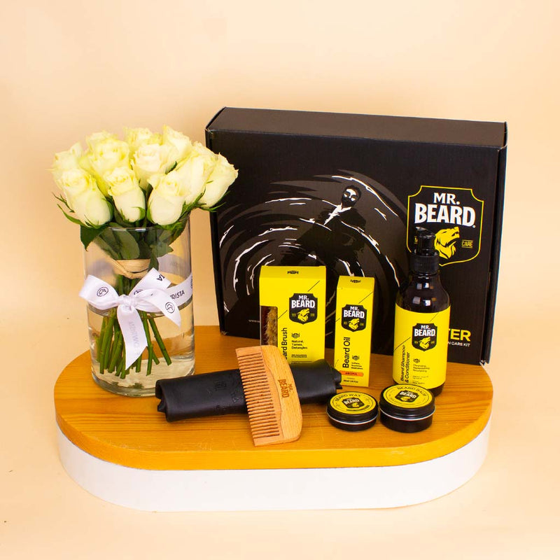Mr.Beard Kit (Aroma Scent) & White Roses Vase