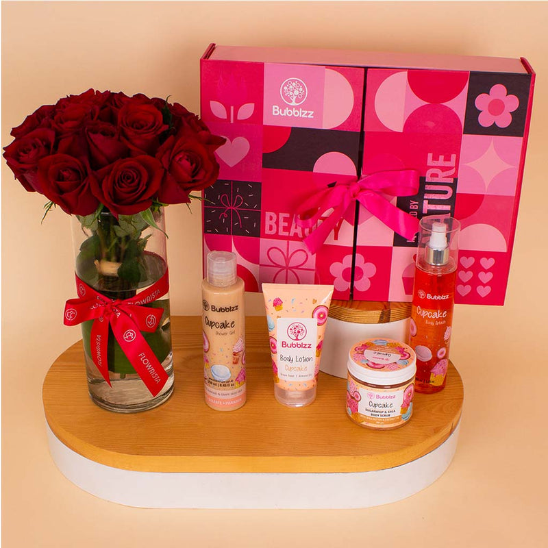 Bubblzz Cupcake Body Care Collection & Red Roses Vase