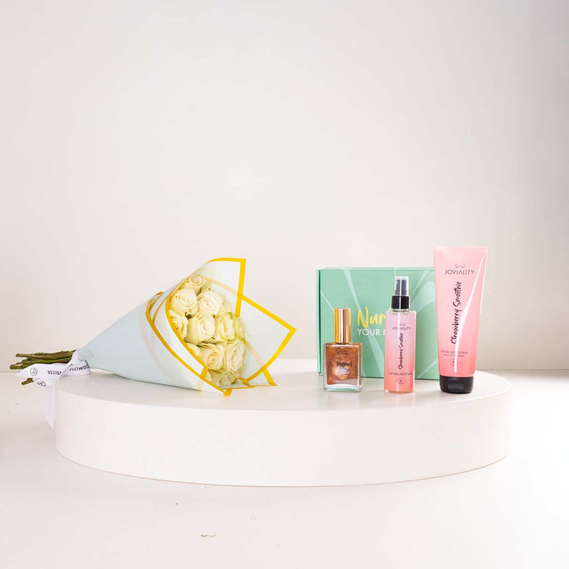 Joviality Strawberry Bronze Body Care Trio & White Roses Bouquet