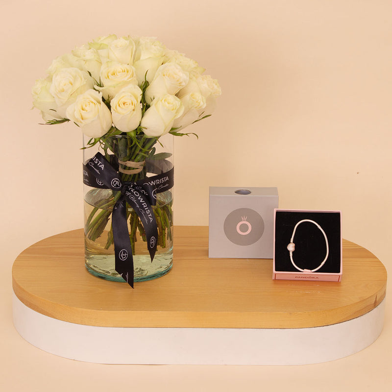 Pandora Moments Bracelet with Pavé Heart Clasp & Vase of 20 White Roses