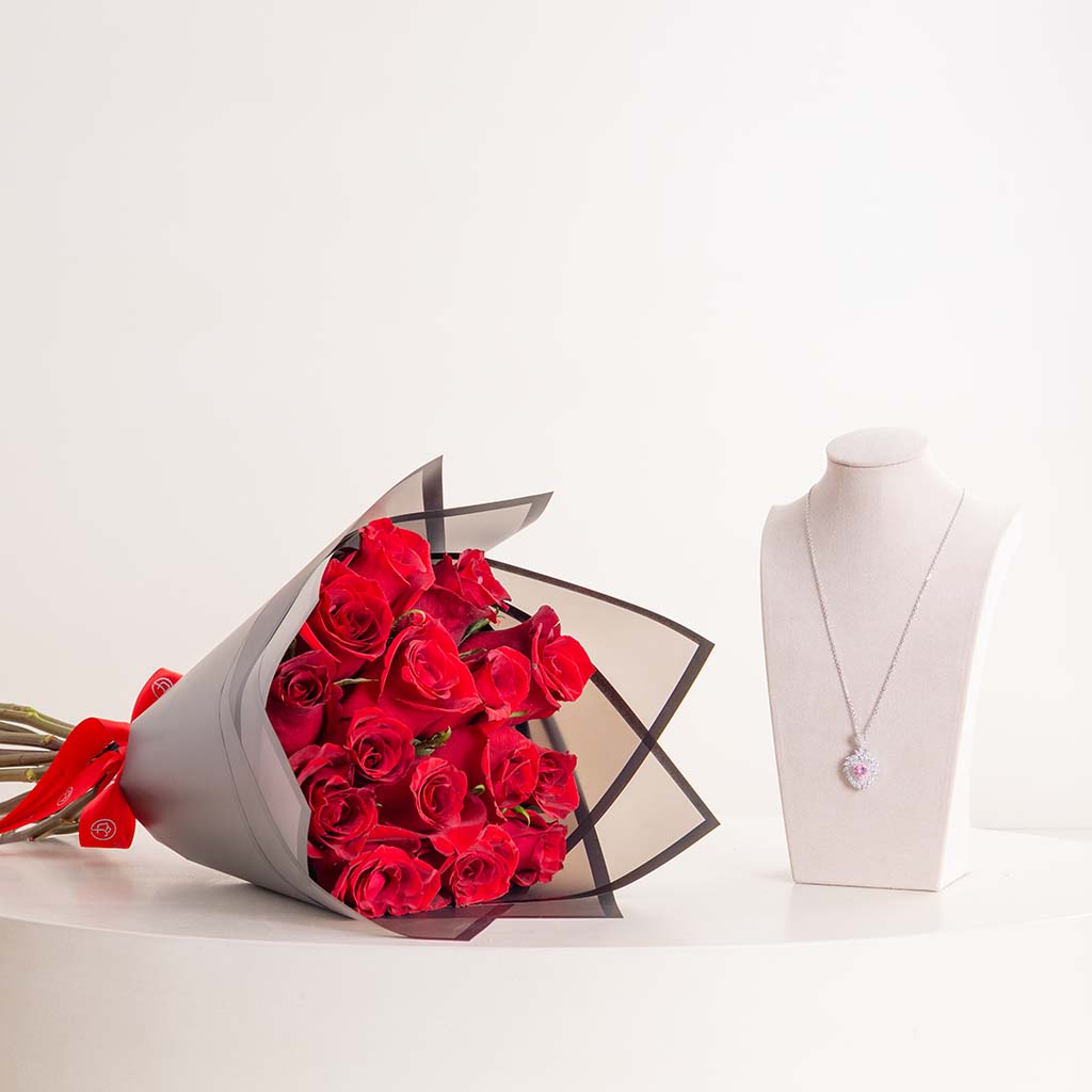 Markiz Platinum-Plated Pink Zircon Necklace & Red Roses Bouquet