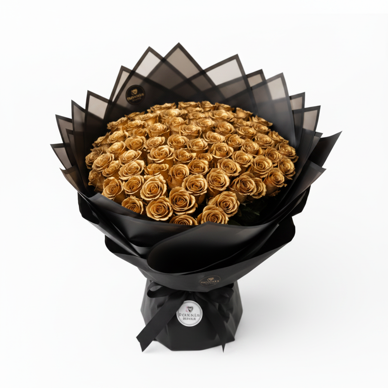 100 Gold Roses Black Wrapping - White Background