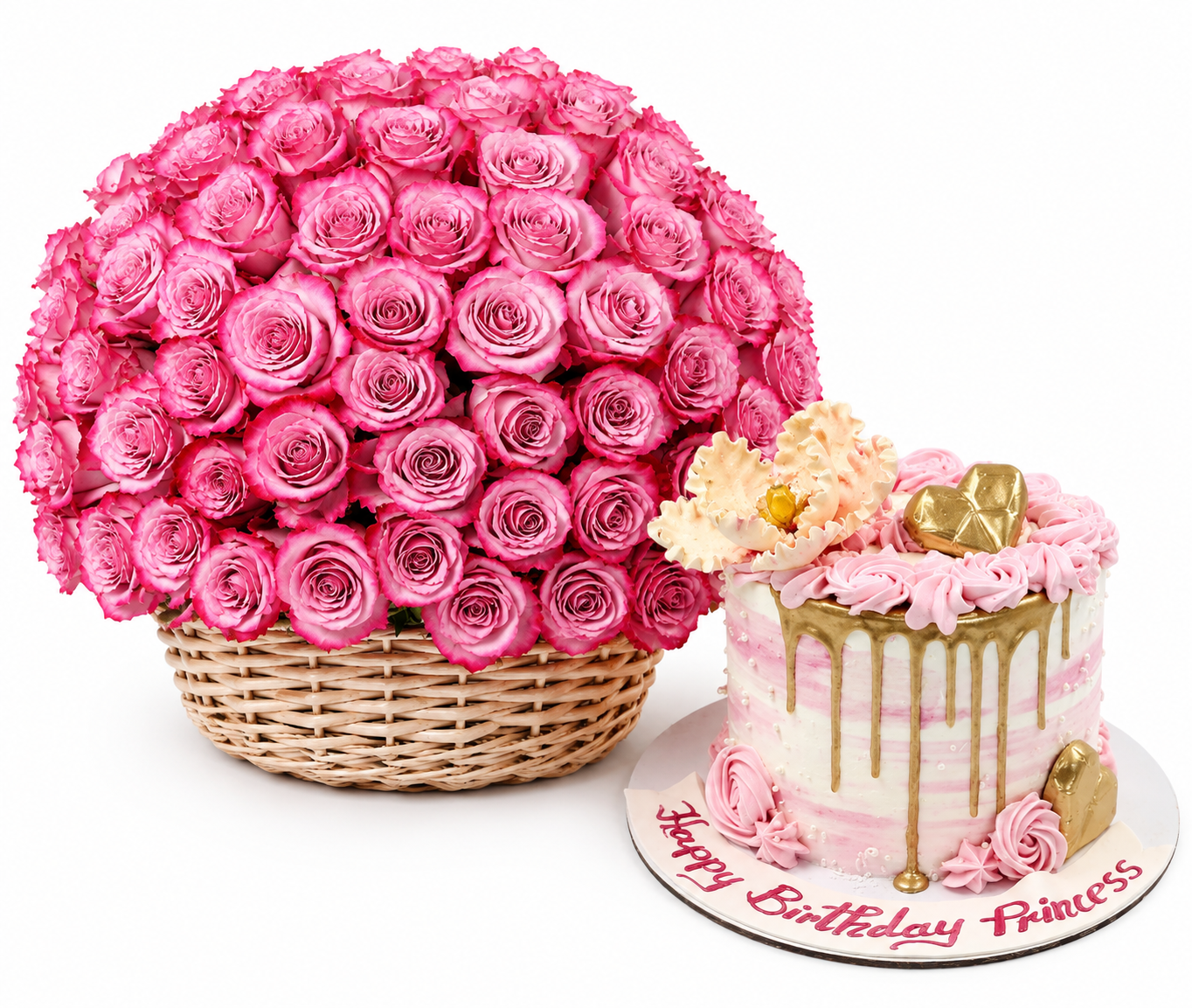100 Purple Roses Basket & Mister Baker Pink Gold Drip Cake – Flowrista