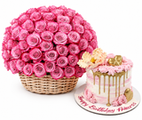 100 Purple Roses Basket & Mister Baker Pink Gold Drip Cake – Flowrista