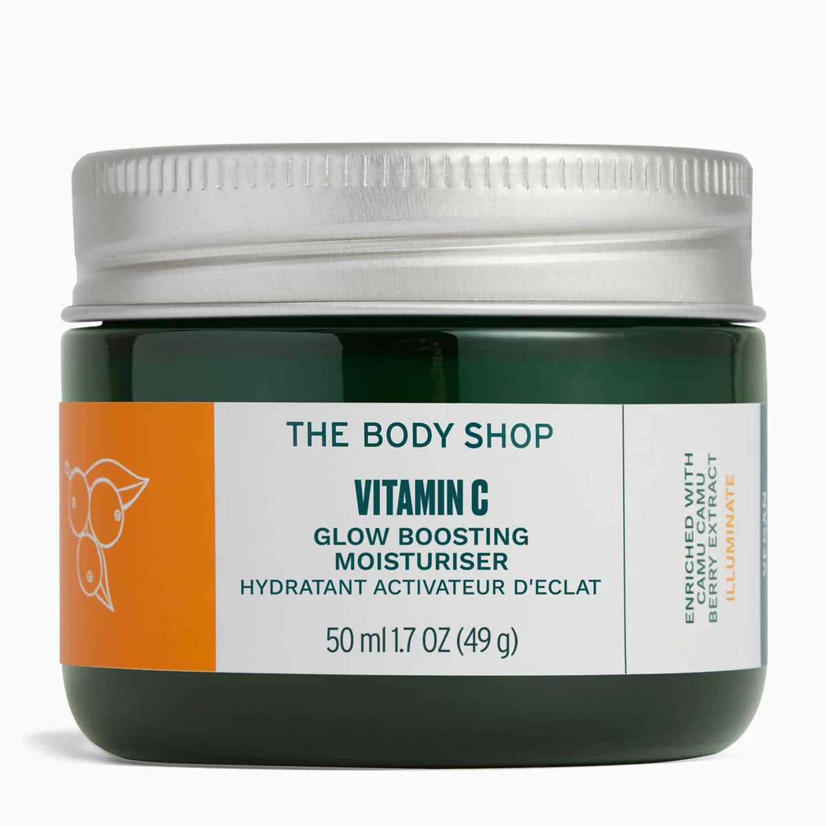 The Body Shop Vitamin C Glow Boosting Moisturizer jar on a white background