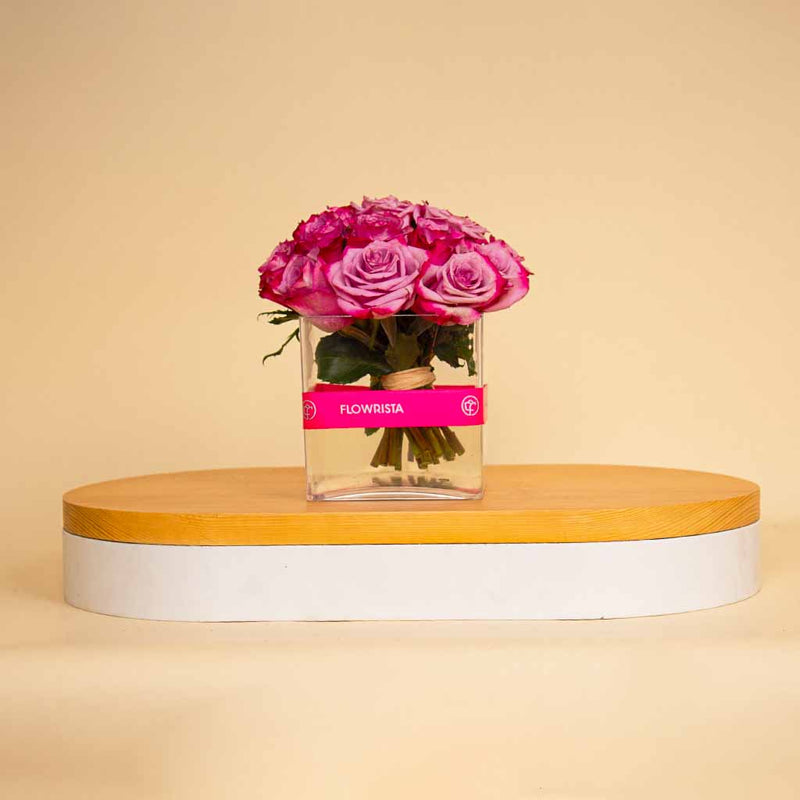 Deep Purple Roses Cube Vase – 20 Flowers