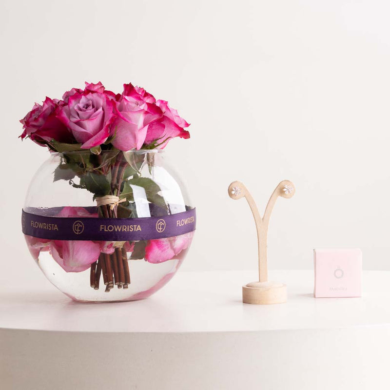 Pandora Sparkling Herbarium Cluster Stud Earrings 14k Rose Gold-Plated & Purple Roses Vase