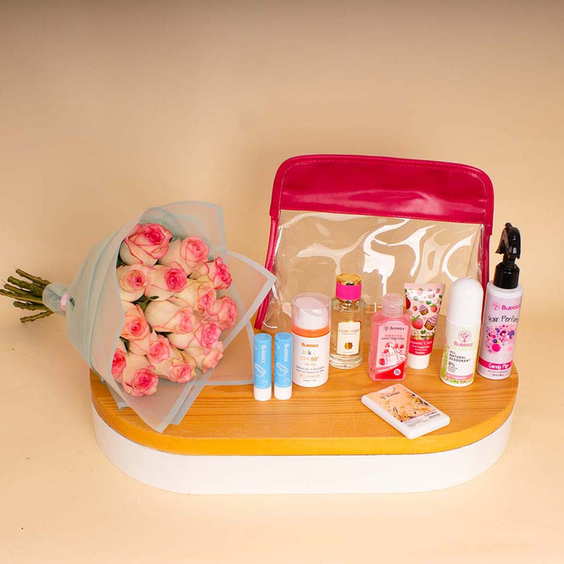 Bubblzz Clutch & Pink Roses Bouquet