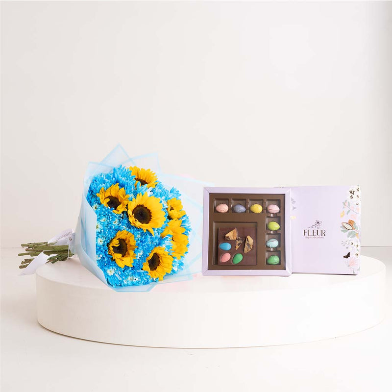 Fleur Easter Edition Belgian Bonbons Box & Belgian Chocolate Bar With Sunflower Chrysanthemum Bouquet