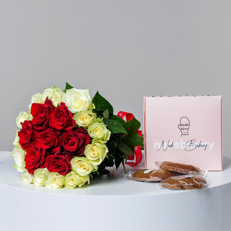 Nude Bakery cookies box and 22 roses