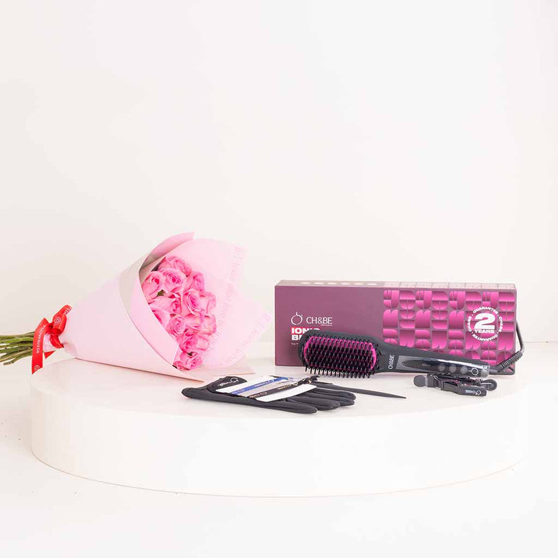 CH&BE Ionic Straightening Brush & Pink Roses Bouquet