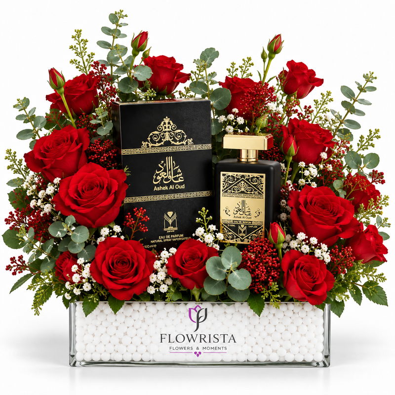 Ashek Al Oud 100ml Perfume with Fresh Red Rose Arrangement