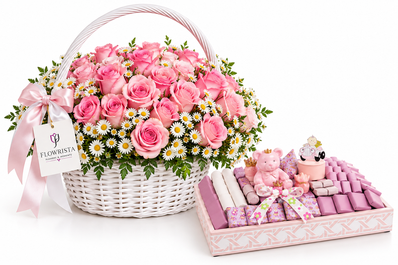 Baby Girl 7 with Flowrista Pink Rose and Daisy Basket
