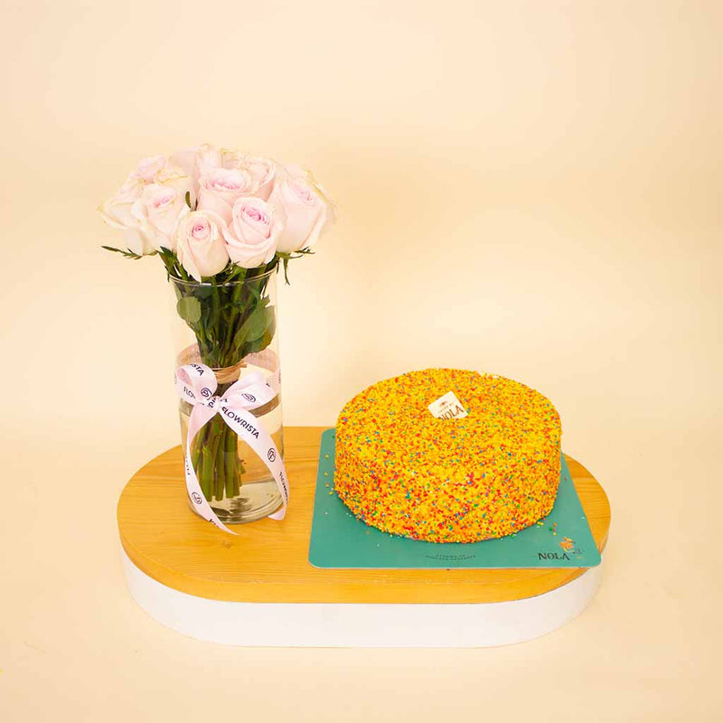 Nola Rainbow Cake & Pink Roses Vase