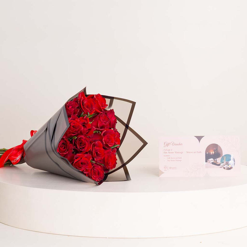 Bliss Spa Hot Stone Massage & Moroccan Bath & 15 Red Roses Bouquet