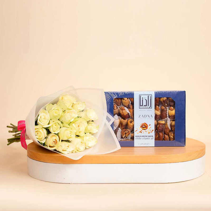 Zadna dates mixed nuts and 15 white roses