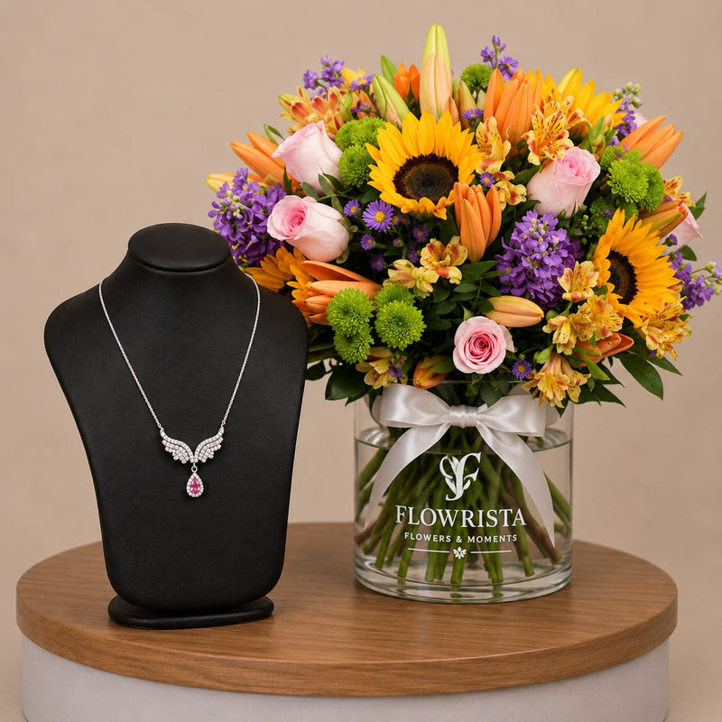 Silvara Angel Wing Necklace & Vibrant Mixed Flower Flowrista Vase
