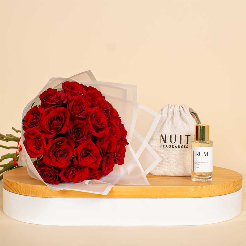 Valentine’s Gift – Nuit Fragrances Rum & 20 Red Roses