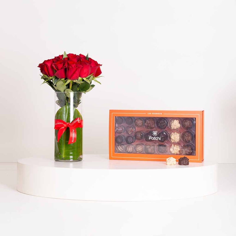 Patchi Les Gourmets 580g & Red Roses Vase