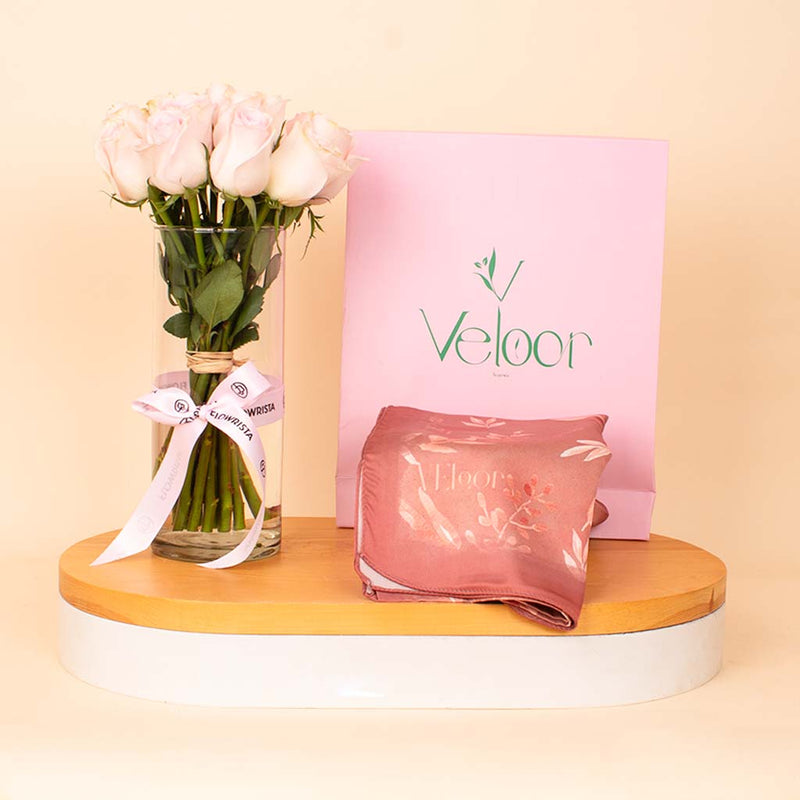 Veloor Rafef Scarf & Pink Roses Vase