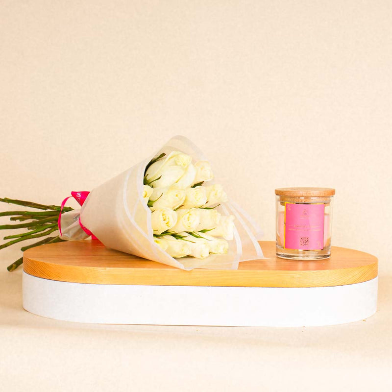 White Musk and Vanilla Candles with a White Flower Bouquet of 15