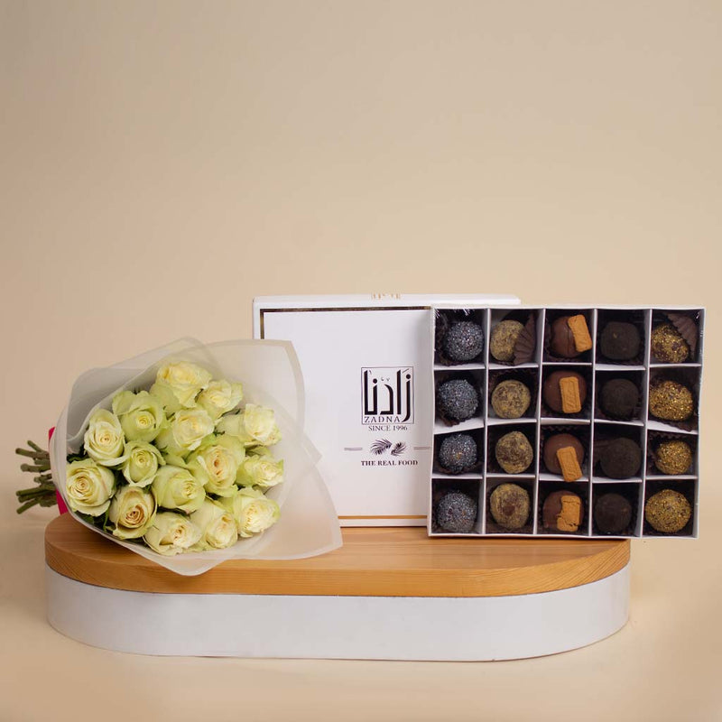 Luxury Gift Set: Zadna Dates and 15 White-Pink Roses