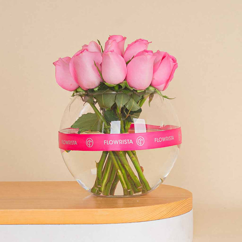 Cube Vase with 20 Pink Roses