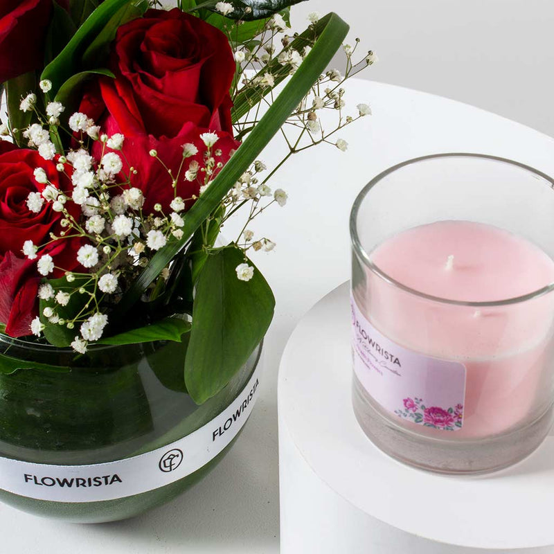 Alstroemeria Red & White Roses Vase & Zaha Candle