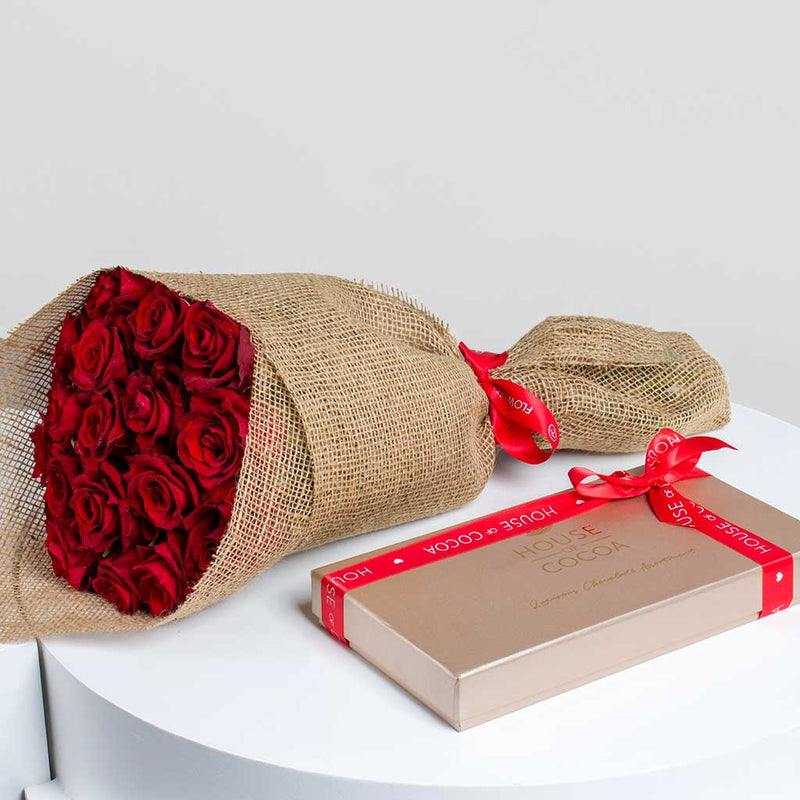 House of Cocoa Chocolate Box 32pieces and 20 red roses
