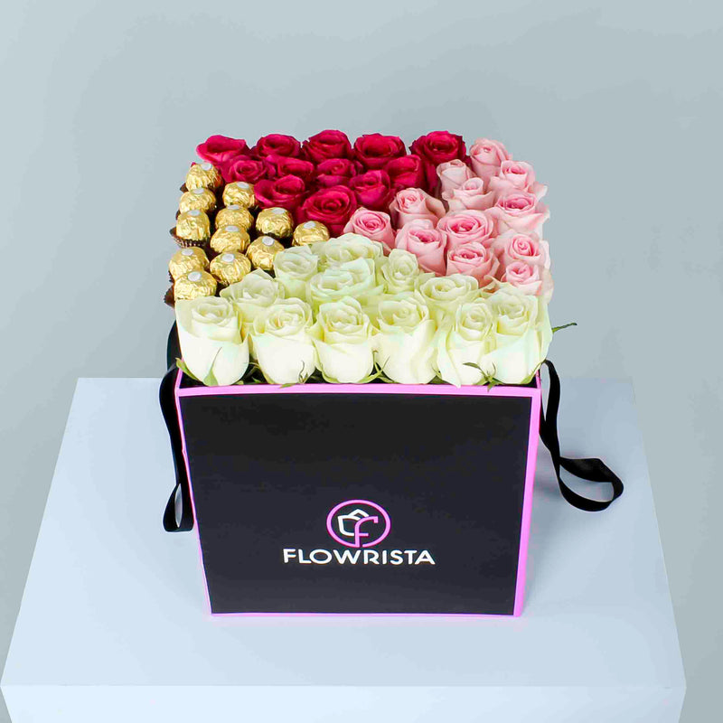 Box of Pink, Red & White Roses with Ferrero Rocher Chocolates