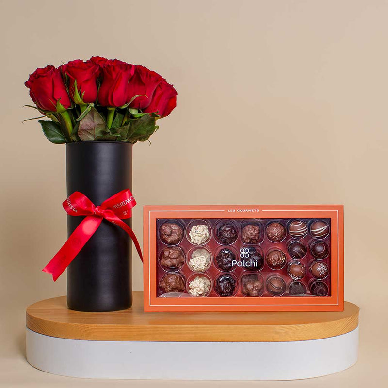 Patchi 46-Piece Box - Les Gourmets with Black Vase and Red Roses