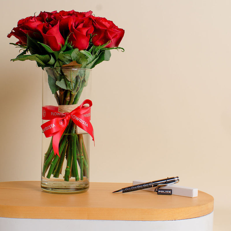 PERGR Elegance Pen Set with 15 Red Roses Vase