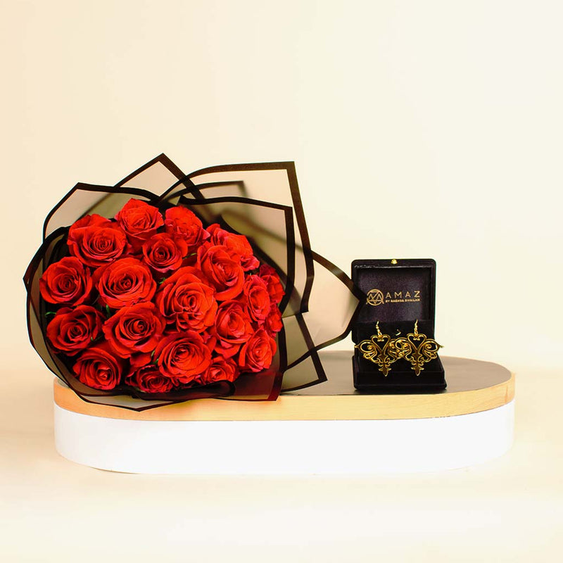 Amaz Elegance Earrings with 30 Red Rose Bouquet