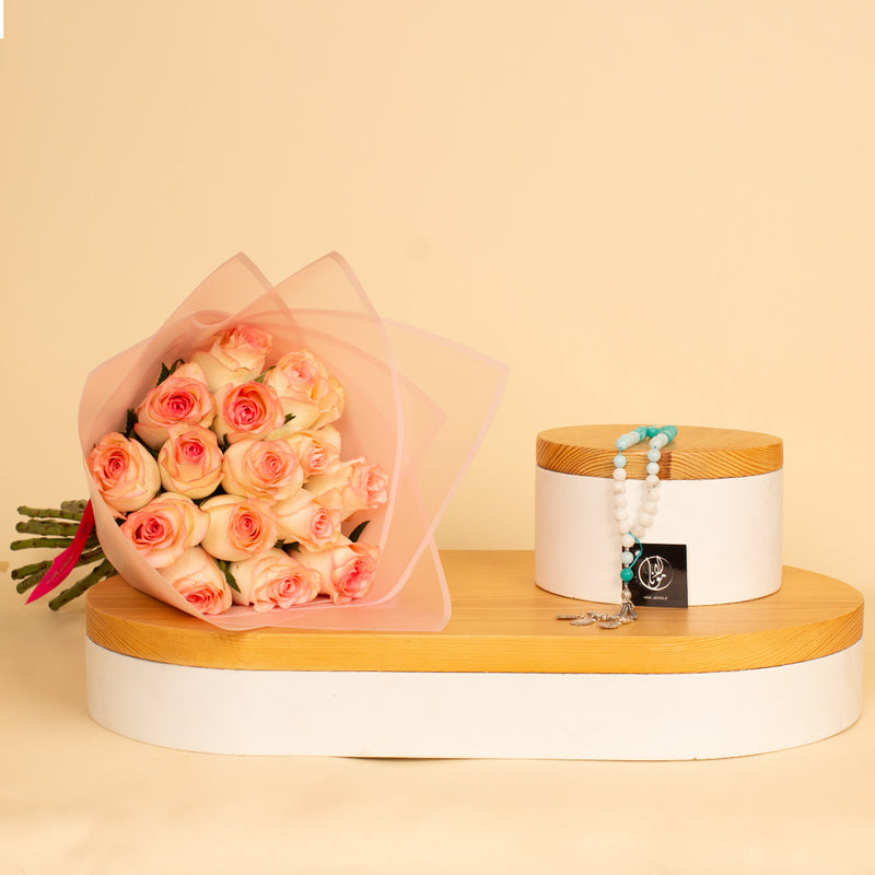 Blue & white Turquoise Rosary 33 Beads & 15 Pink Roses
