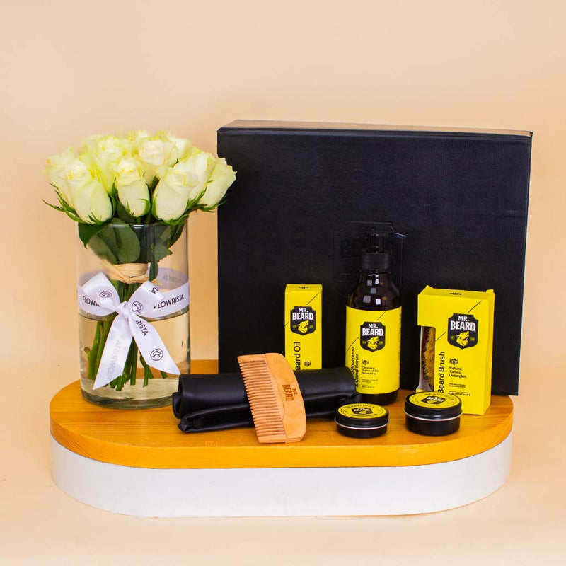 Mr.Beard Kit – Premium Gift Edition & White Roses Vase