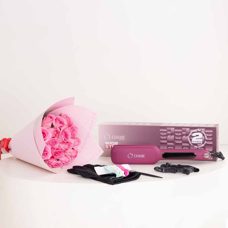 CH&BE Wide Straightener & Pink Roses Bouquet