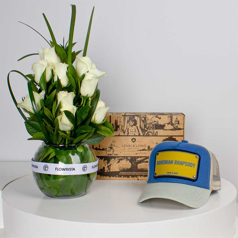 Levai & Loris Bohemian Rhapsody Cap with White Roses Vase