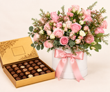 Le Chocolala Chocolate Box with Flowrista Soft Pink Rose Arrangement