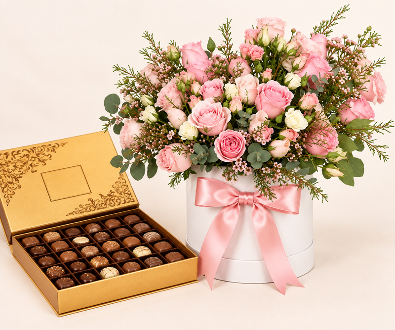 Le Chocolala Chocolate Box with Flowrista Soft Pink Rose Arrangement