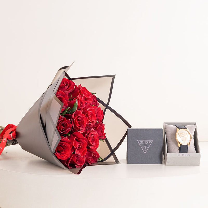 GUESS Mens Black & Gold Tone Multi-Function Watch & Red Roses Bouquet