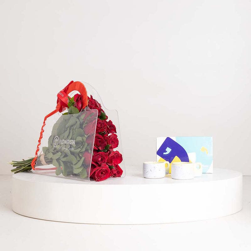 Tip of The Day Yellow Espresso Cup Set & Red Roses Bag