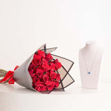 Markiz Platinum-Plated Blue Zircon Necklace & Red Roses Bouquet